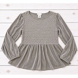 Urban Romantics Top Smocked Velvet Peplum Long Sleeve Silver Gray Boho Small